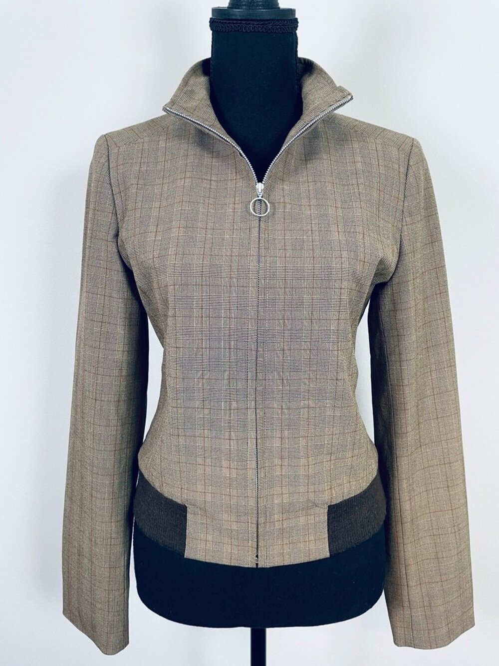 OLD NAVY Vintage Fall 2001 Stretch Plaid Ring Zip Fitted Jacket Y2K Small